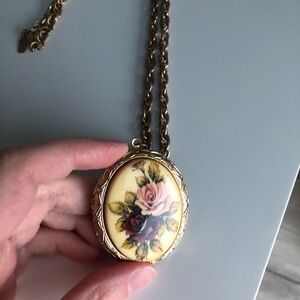 Rose Floral Pendant Necklace on Gold Tone Chain